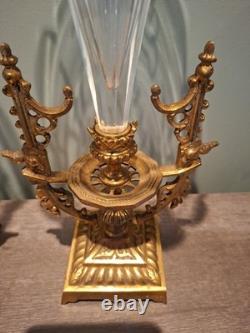 PAIRE VASES CORNET Napoléon III Cristal Gravé /Bronze Doré XIXèmeH. 34 CM