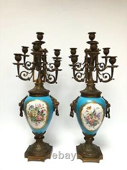 Paire Candelabres Porcelaine Paris Napoleon III 19eme 7 Feux Bronze Dore C2622