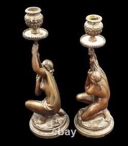 Paire De Bougeoirs Bronze Patine Naiades Ep. Napoleon III Ht. 28.5cm. Candlesticks