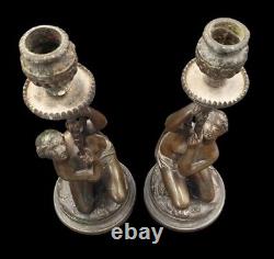 Paire De Bougeoirs Bronze Patine Naiades Ep. Napoleon III Ht. 28.5cm. Candlesticks