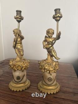 Paire De Bougeoirs Candelabre Albatre Et Bronze Anges Angelots Putti Napoleon 3