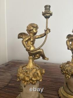 Paire De Bougeoirs Candelabre Albatre Et Bronze Anges Angelots Putti Napoleon 3