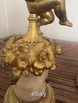 Paire De Bougeoirs Candelabre Albatre Et Bronze Anges Angelots Putti Napoleon 3