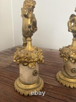 Paire De Bougeoirs Candelabre Albatre Et Bronze Anges Angelots Putti Napoleon 3