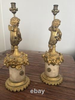 Paire De Bougeoirs Candelabre Albatre Et Bronze Anges Angelots Putti Napoleon 3
