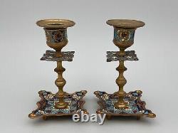 Paire De Bougeoirs Cloisonnes Bronze Napoleon III Xixeme G2708