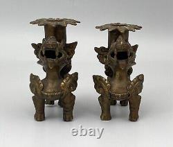 Paire De Bougeoirs En Bronze Chine Ou Indochine Chien De Fo Fin Xixeme C941