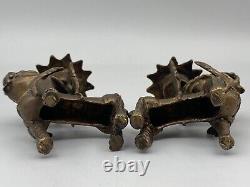 Paire De Bougeoirs En Bronze Chine Ou Indochine Chien De Fo Fin Xixeme C941