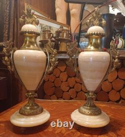 Paire De Cassolettes en Bronze, Onyx et Laiton. Epoque 19 Eme
