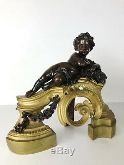 Paire De Chênets D'époque Napoléon III En Bronze Ciselé Doré De Style Louis XV