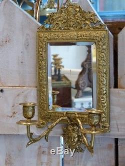 Paire De Double Appliques à Miroir Napoléon III En Bronze Doré, Mascaron