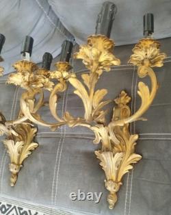 Paire De Grandes Appliques Louis XV À 5 Feux Bronze Doré Époque Napoléon III