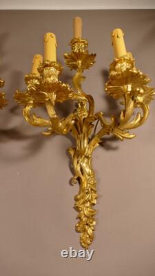 Paire De Grandes Appliques Louis XV à 5 Feux En Bronze Doré époque Napoléon III