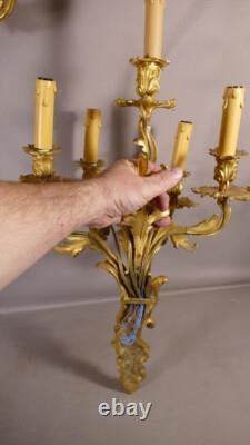 Paire De Grandes Appliques Louis XV à 5 Feux En Bronze Doré époque Napoléon III