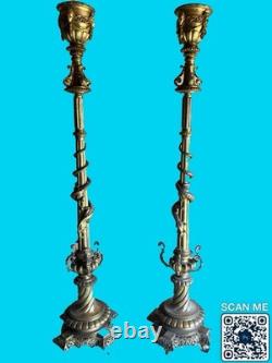 Paire De Lampadaires Napoléon III Bronze Laiton Décor Salamandres H 250 cm