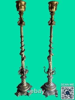Paire De Lampadaires Napoléon III Bronze Laiton Décor Salamandres H 250 cm