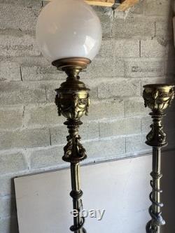 Paire De Lampadaires Napoléon III Bronze Laiton Décor Salamandres H 250 cm