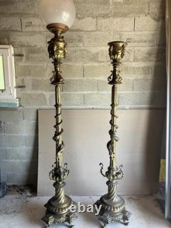 Paire De Lampadaires Napoléon III Bronze Laiton Décor Salamandres H 250 cm