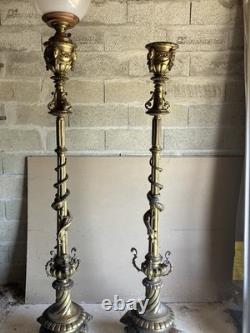 Paire De Lampadaires Napoléon III Bronze Laiton Décor Salamandres H 250 cm