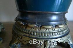 Paire De Lampes A Huile Moderateur L+b Ceramique Bronze XIX Siecle