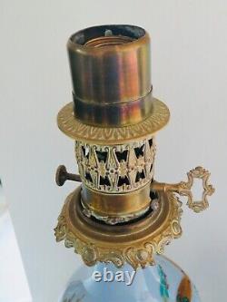 Paire De Lampes Napoléon III En Opaline Bleue, Décor Émaillé, Serties Bronze