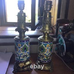 Paire De Lampes XIXeme En Faïence De Longwy Émaux