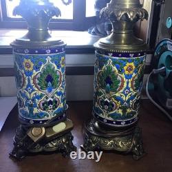 Paire De Lampes XIXeme En Faïence De Longwy Émaux