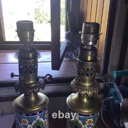 Paire De Lampes XIXeme En Faïence De Longwy Émaux