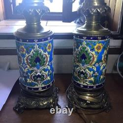 Paire De Lampes XIXeme En Faïence De Longwy Émaux