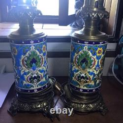 Paire De Lampes XIXeme En Faïence De Longwy Émaux