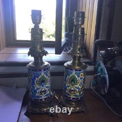 Paire De Lampes XIXeme En Faïence De Longwy Émaux
