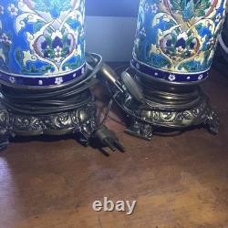 Paire De Lampes XIXeme En Faïence De Longwy Émaux