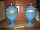 Paire De Pots Couverts Sur Piedouche Opaline Bleu Napoleon Iii