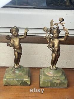 Paire De Statuettes Angelots Bronze Epoque Napoléon III Socles Onyx Vert