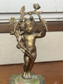 Paire De Statuettes Angelots Bronze Epoque Napoléon III Socles Onyx Vert