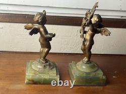 Paire De Statuettes Angelots Bronze Epoque Napoléon III Socles Onyx Vert