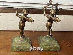 Paire De Statuettes Angelots Bronze Epoque Napoléon III Socles Onyx Vert