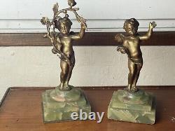 Paire De Statuettes Angelots Bronze Epoque Napoléon III Socles Onyx Vert
