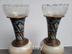 Paire De Vases En Bronze Cloisone Onyx Et Cristal Napoleon III
