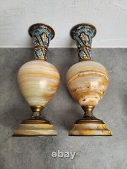 Paire De Vases En Bronze Cloisone Onyx Et Cristal Napoleon III