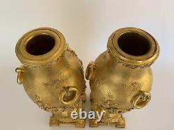 Paire De Vases En Bronze Fin Xixeme Napoleon III Decor Japonisant Dorure E673