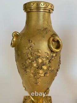 Paire De Vases En Bronze Fin Xixeme Napoleon III Decor Japonisant Dorure E673