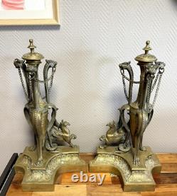 Paire De très grands Chenets de chateau En Bronze doré époque Napoléon III