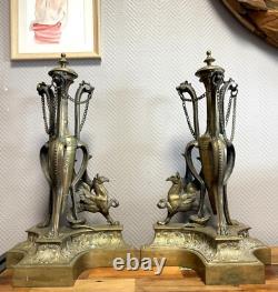 Paire De très grands Chenets de chateau En Bronze doré époque Napoléon III