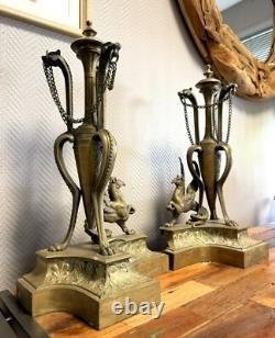 Paire De très grands Chenets de chateau En Bronze doré époque Napoléon III