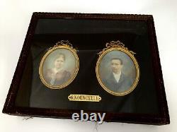 Paire Miniatures Couple XIX Emle Par Georgine Nounckele Cadre Bronze C2641