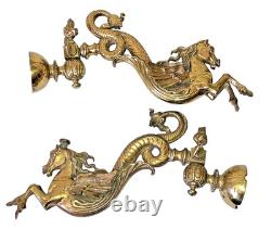 Paire Monumentale 35cm Appliques Torchères Bronze Pégase Hippocampe Dragon