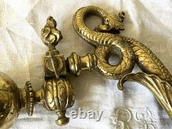 Paire Monumentale 35cm Appliques Torchères Bronze Pégase Hippocampe Dragon