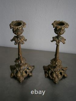 Paire bougeoirs Bronze doré Chandelier 1900 décor Végétal Art Nouveau