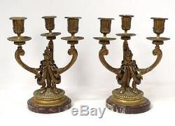 Paire candélabres 3 feux bronze doré marbre bougeoirs Napoléon III XIXème